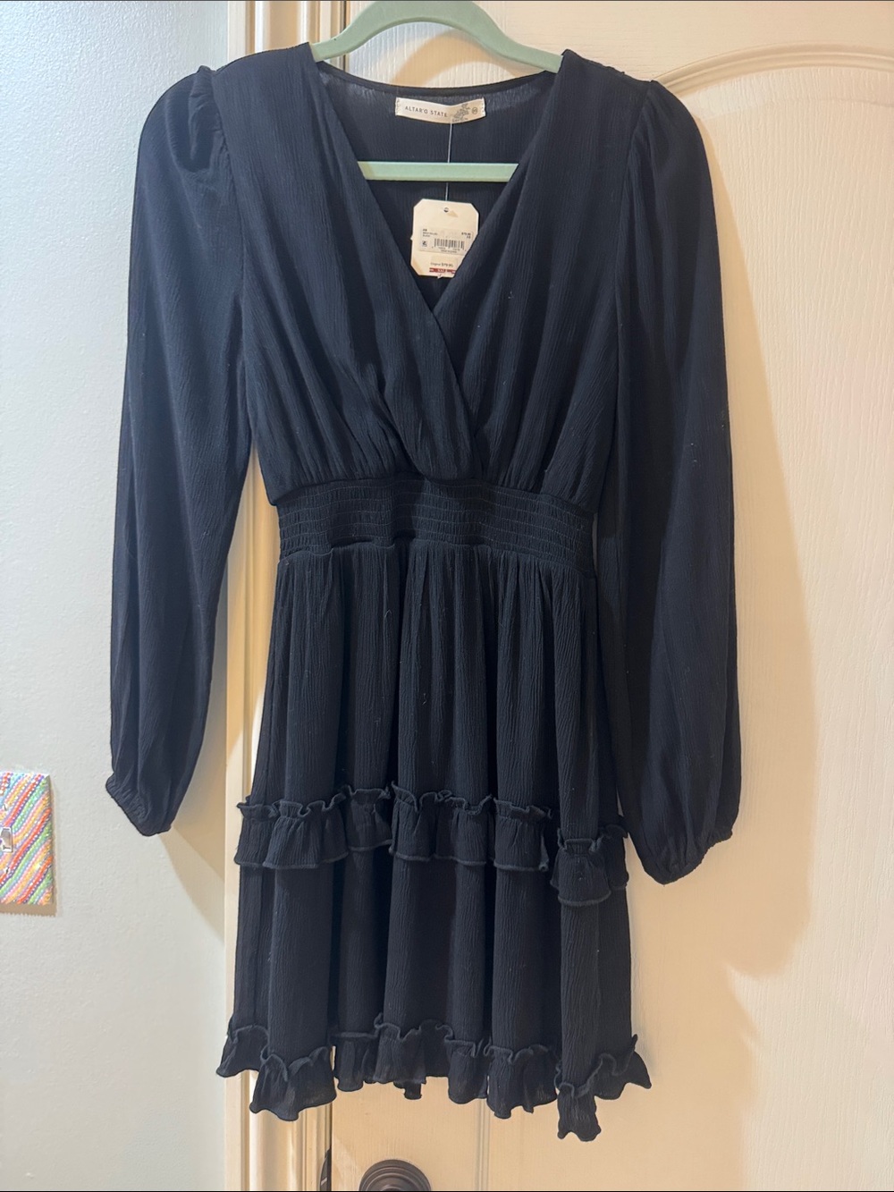 Altar'd State Black Long Sleeve V-Neck Ruffle Tiered Dress
